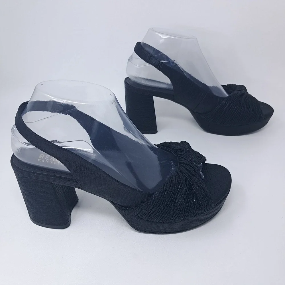 Reaction Kenneth Cole Rylee Twisted Fabric Platform Black Slingback Heels Size 8